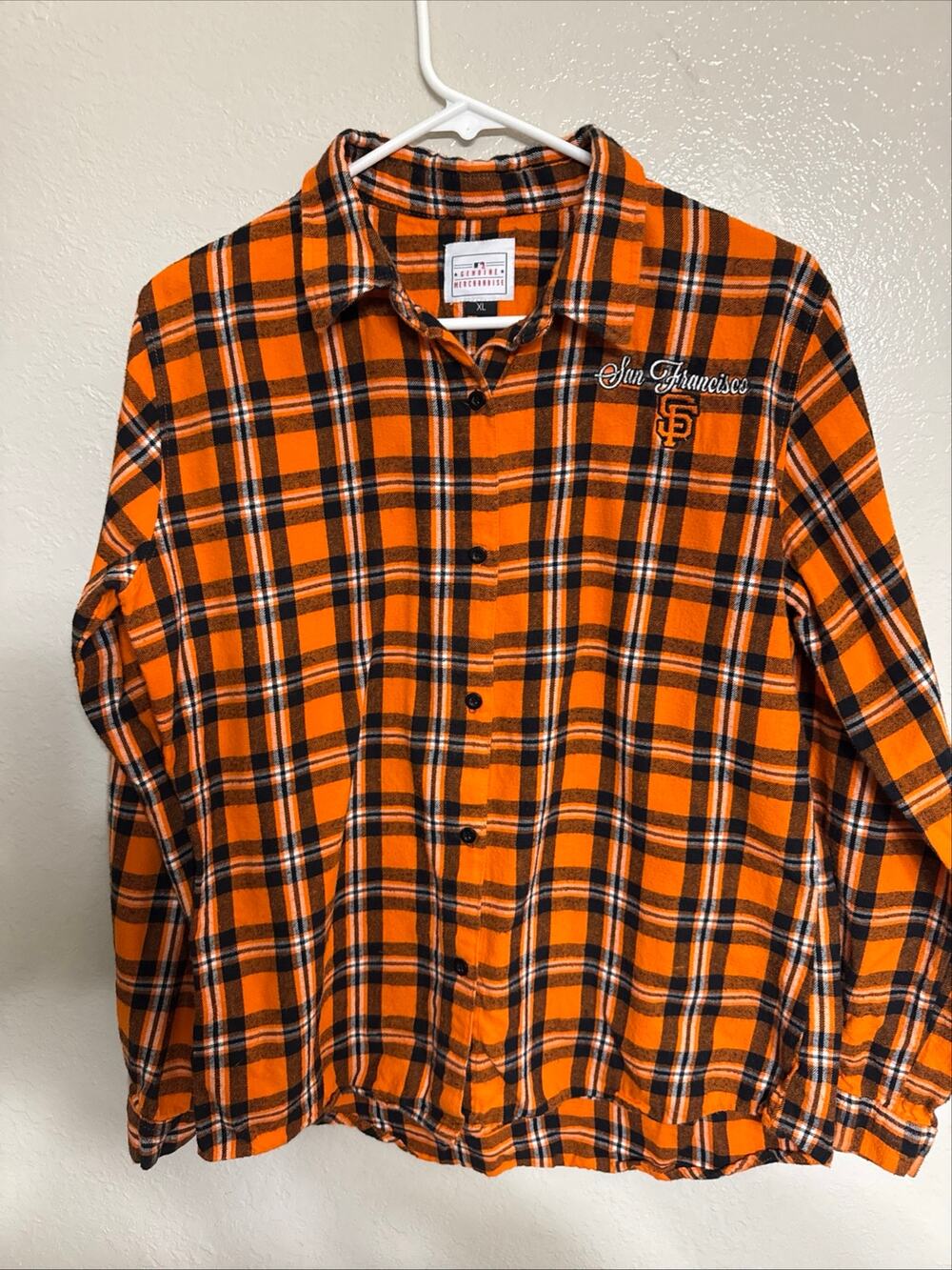 San Francisco Giants Plaid Flannel Shirt XL MLB Genuine Merchandise Orange Black